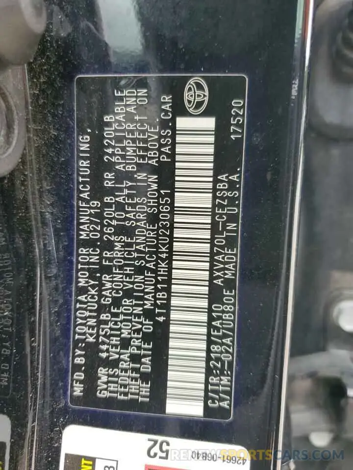 12 Photograph of a damaged car 4T1B11HK4KU230651 TOYOTA CAMRY 2019