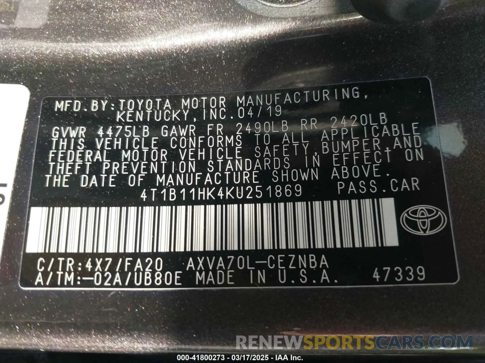9 Photograph of a damaged car 4T1B11HK4KU251869 TOYOTA CAMRY 2019