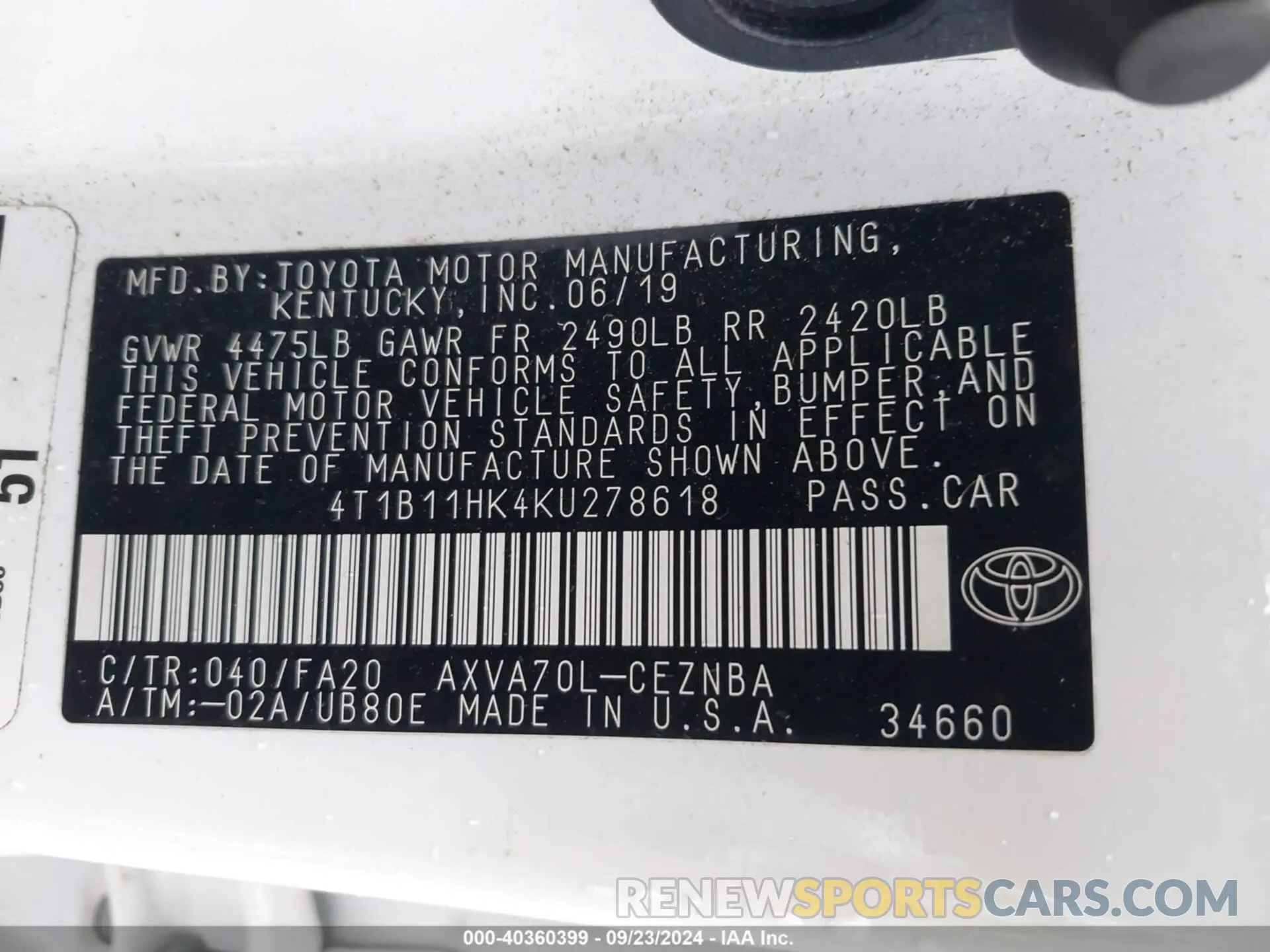 9 Photograph of a damaged car 4T1B11HK4KU278618 TOYOTA CAMRY 2019