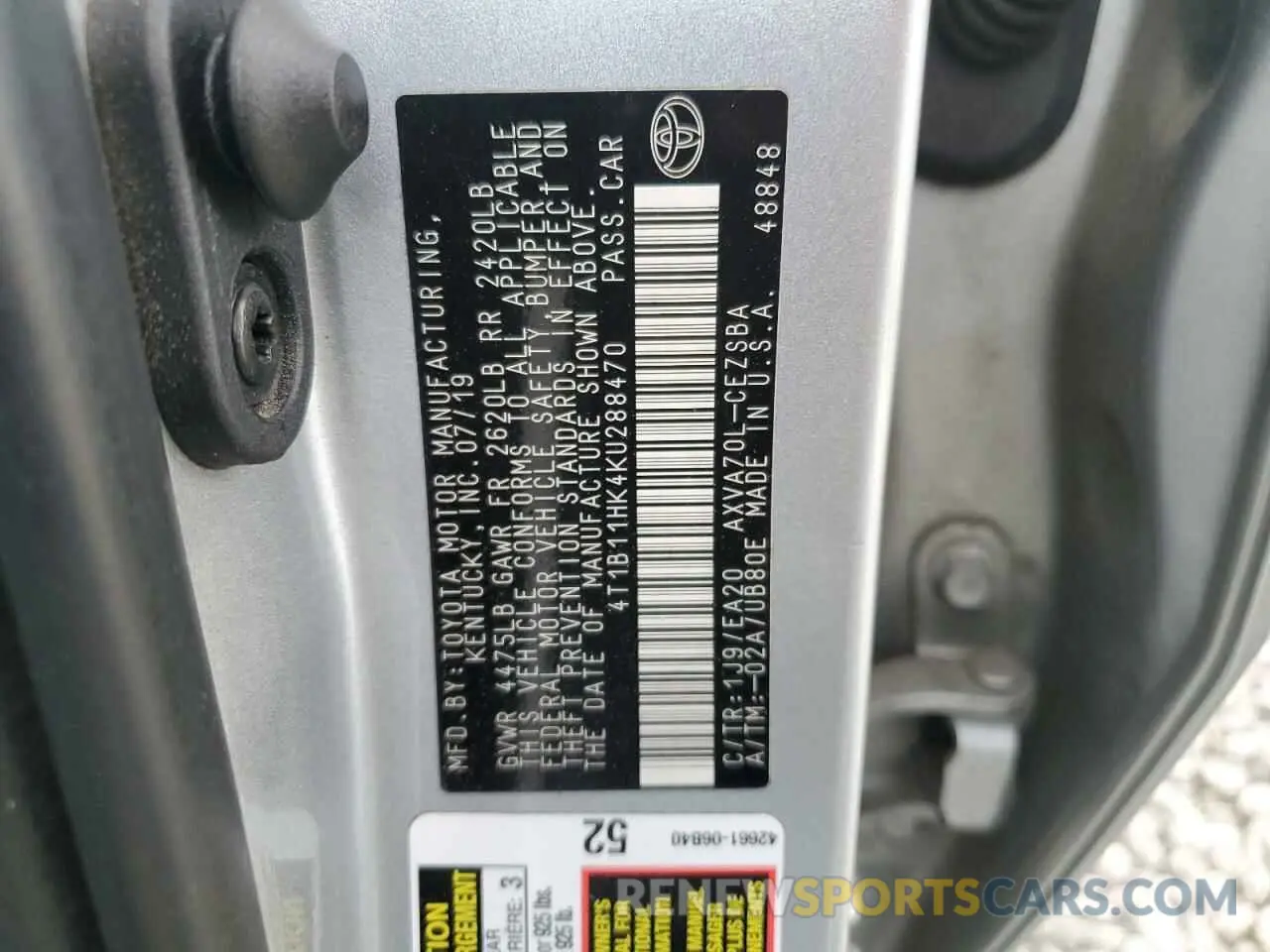 12 Photograph of a damaged car 4T1B11HK4KU288470 TOYOTA CAMRY 2019