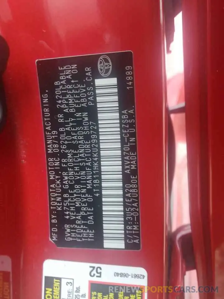 12 Photograph of a damaged car 4T1B11HK4KU299727 TOYOTA CAMRY 2019