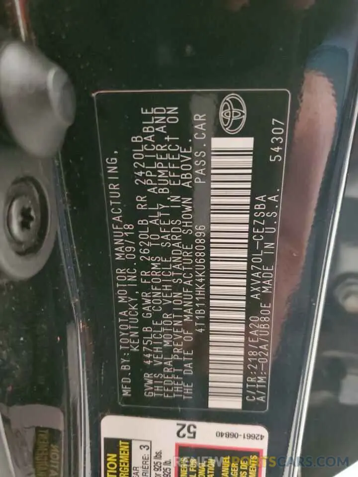 13 Photograph of a damaged car 4T1B11HK4KU680896 TOYOTA CAMRY 2019