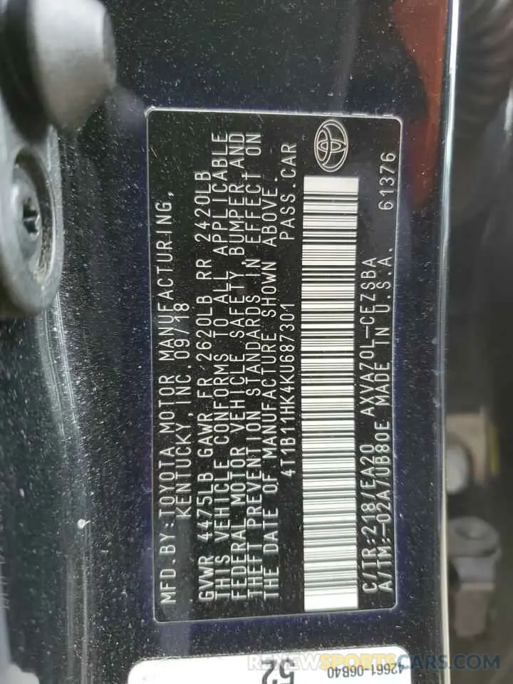 12 Photograph of a damaged car 4T1B11HK4KU687301 TOYOTA CAMRY 2019