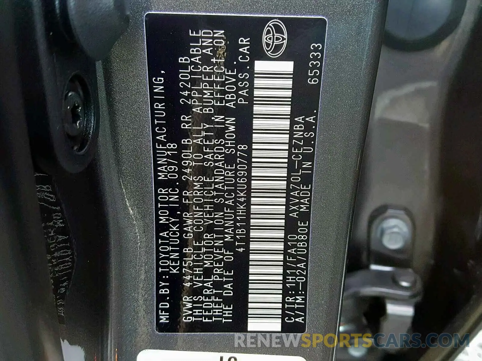 10 Photograph of a damaged car 4T1B11HK4KU690778 TOYOTA CAMRY 2019