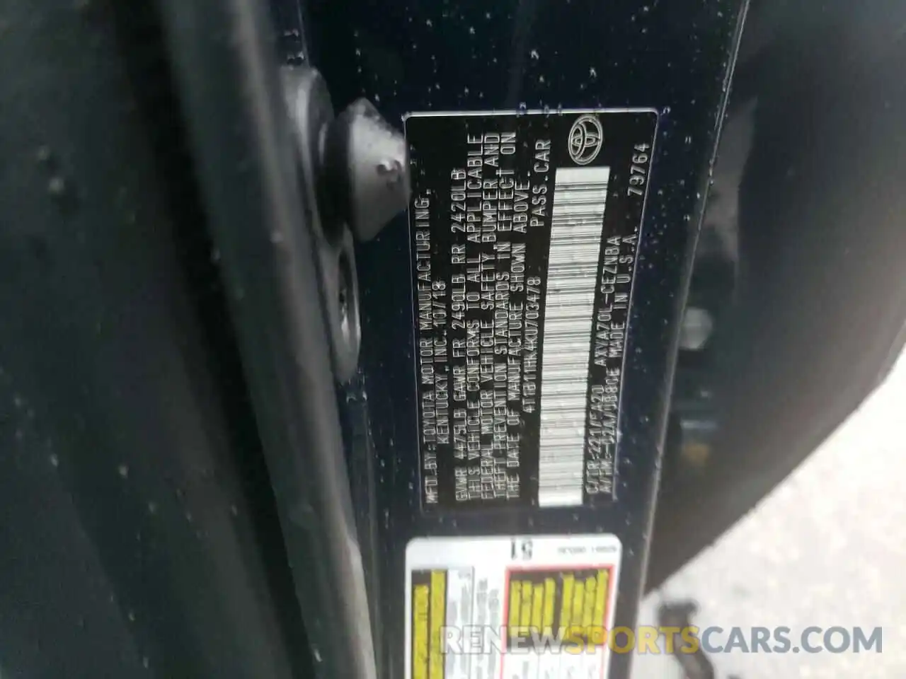 13 Photograph of a damaged car 4T1B11HK4KU703478 TOYOTA CAMRY 2019