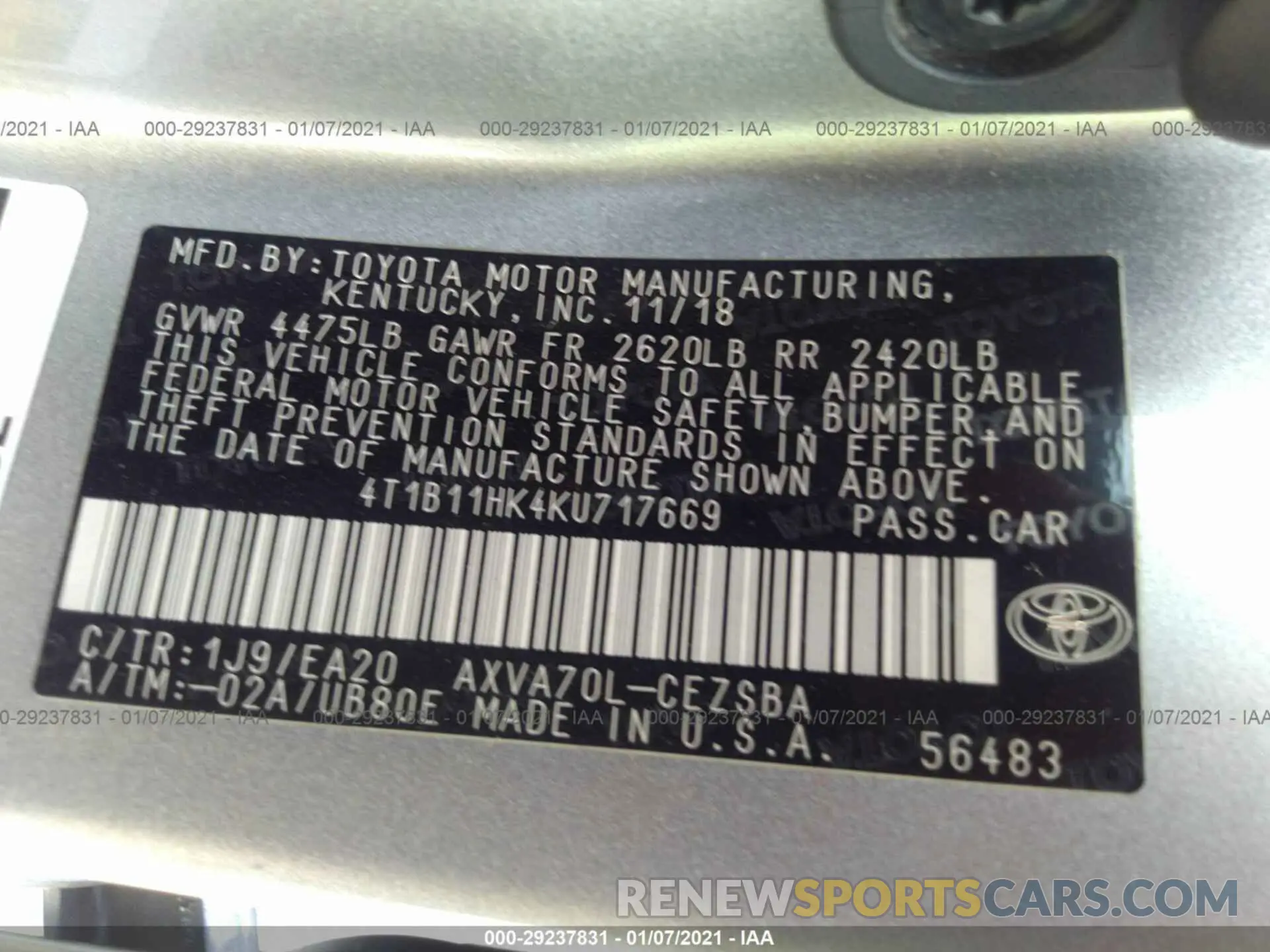 9 Photograph of a damaged car 4T1B11HK4KU717669 TOYOTA CAMRY 2019