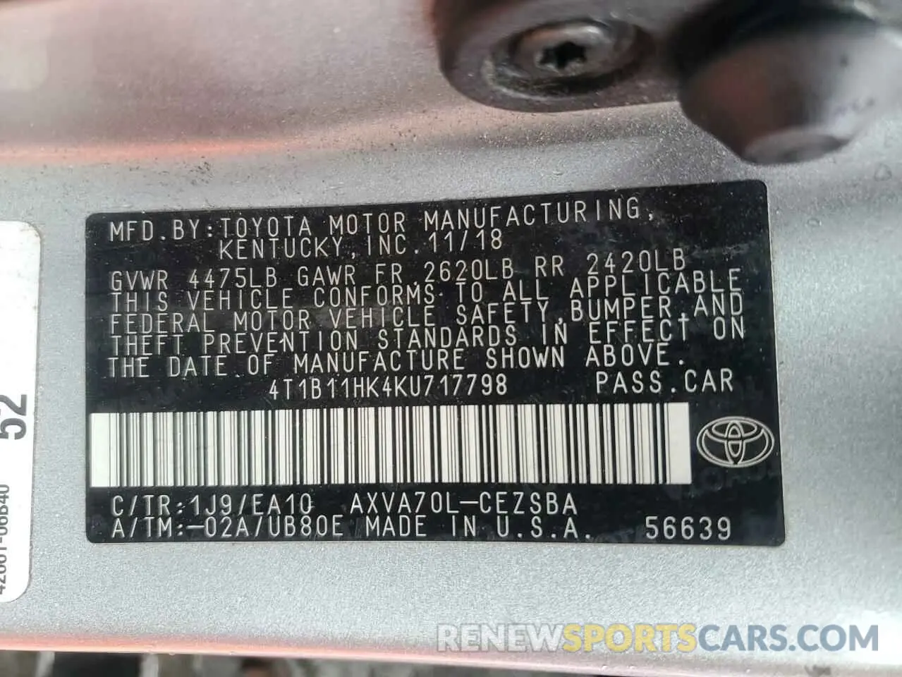 12 Photograph of a damaged car 4T1B11HK4KU717798 TOYOTA CAMRY 2019