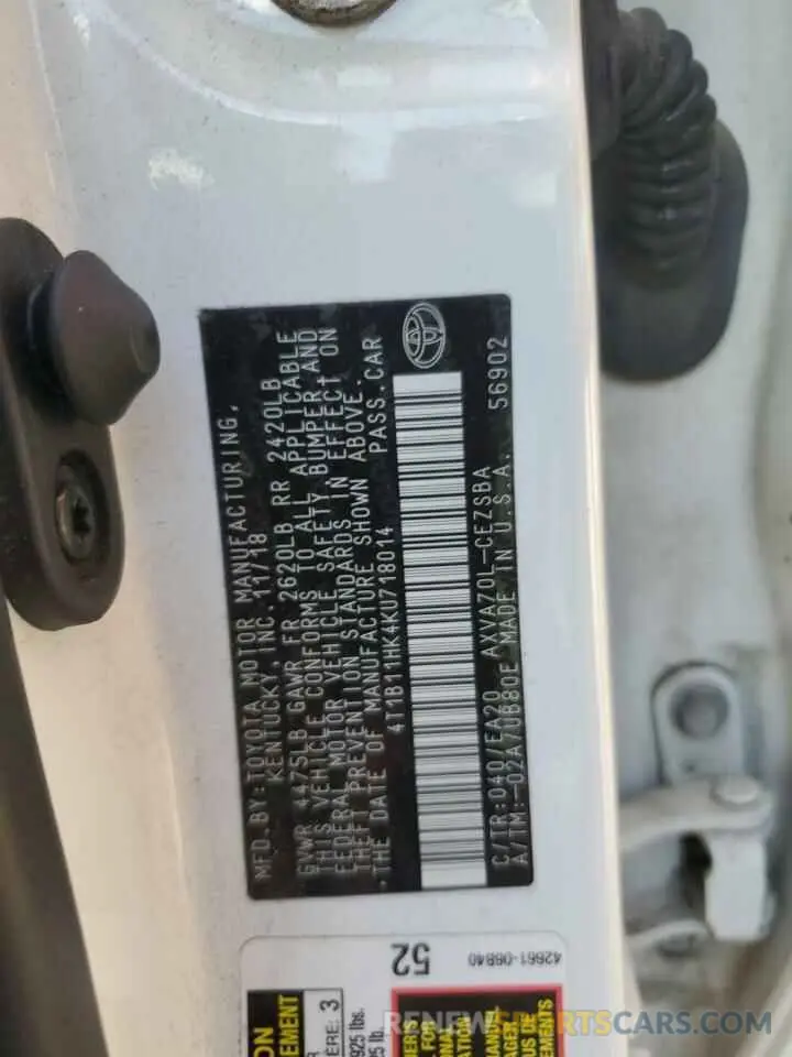 13 Photograph of a damaged car 4T1B11HK4KU718014 TOYOTA CAMRY 2019