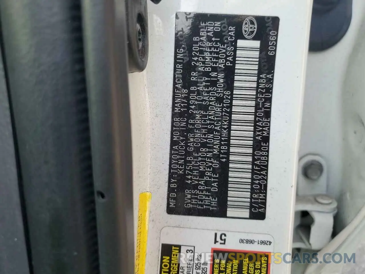 13 Photograph of a damaged car 4T1B11HK4KU721026 TOYOTA CAMRY 2019