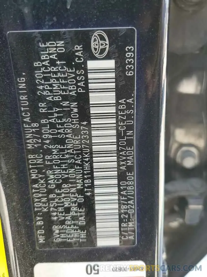 12 Photograph of a damaged car 4T1B11HK4KU723374 TOYOTA CAMRY 2019