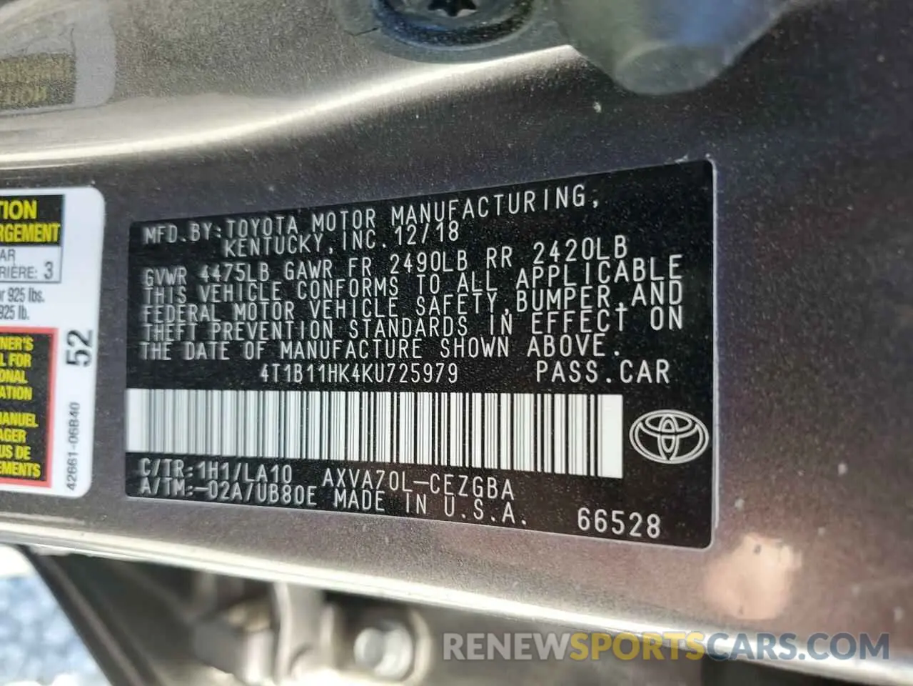 13 Photograph of a damaged car 4T1B11HK4KU725979 TOYOTA CAMRY 2019