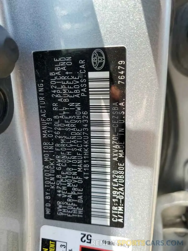 12 Photograph of a damaged car 4T1B11HK4KU734326 TOYOTA CAMRY 2019