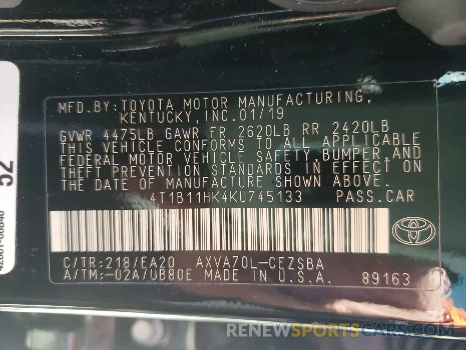 10 Photograph of a damaged car 4T1B11HK4KU745133 TOYOTA CAMRY 2019