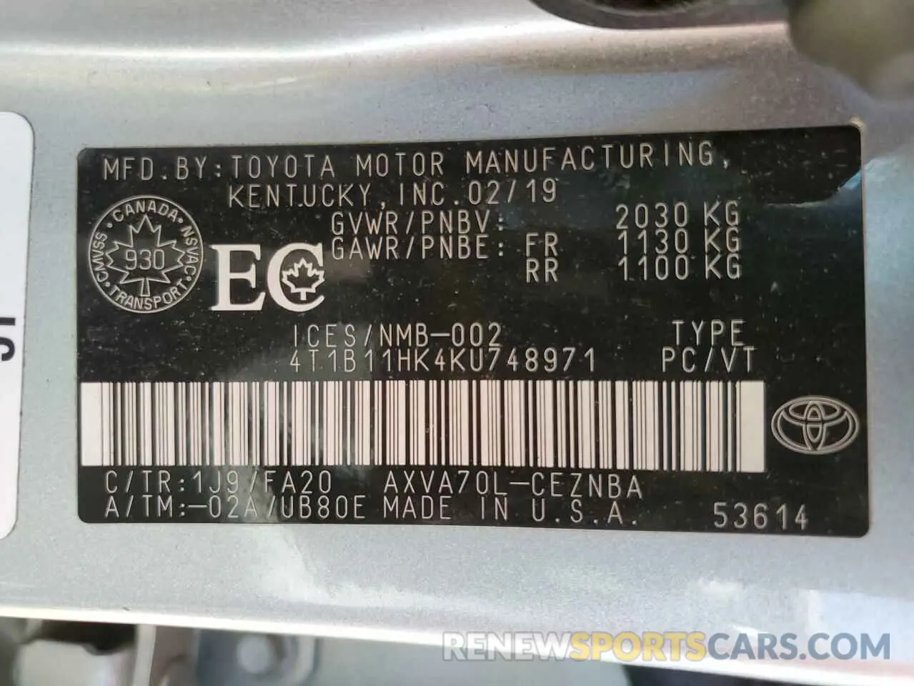 13 Photograph of a damaged car 4T1B11HK4KU748971 TOYOTA CAMRY 2019