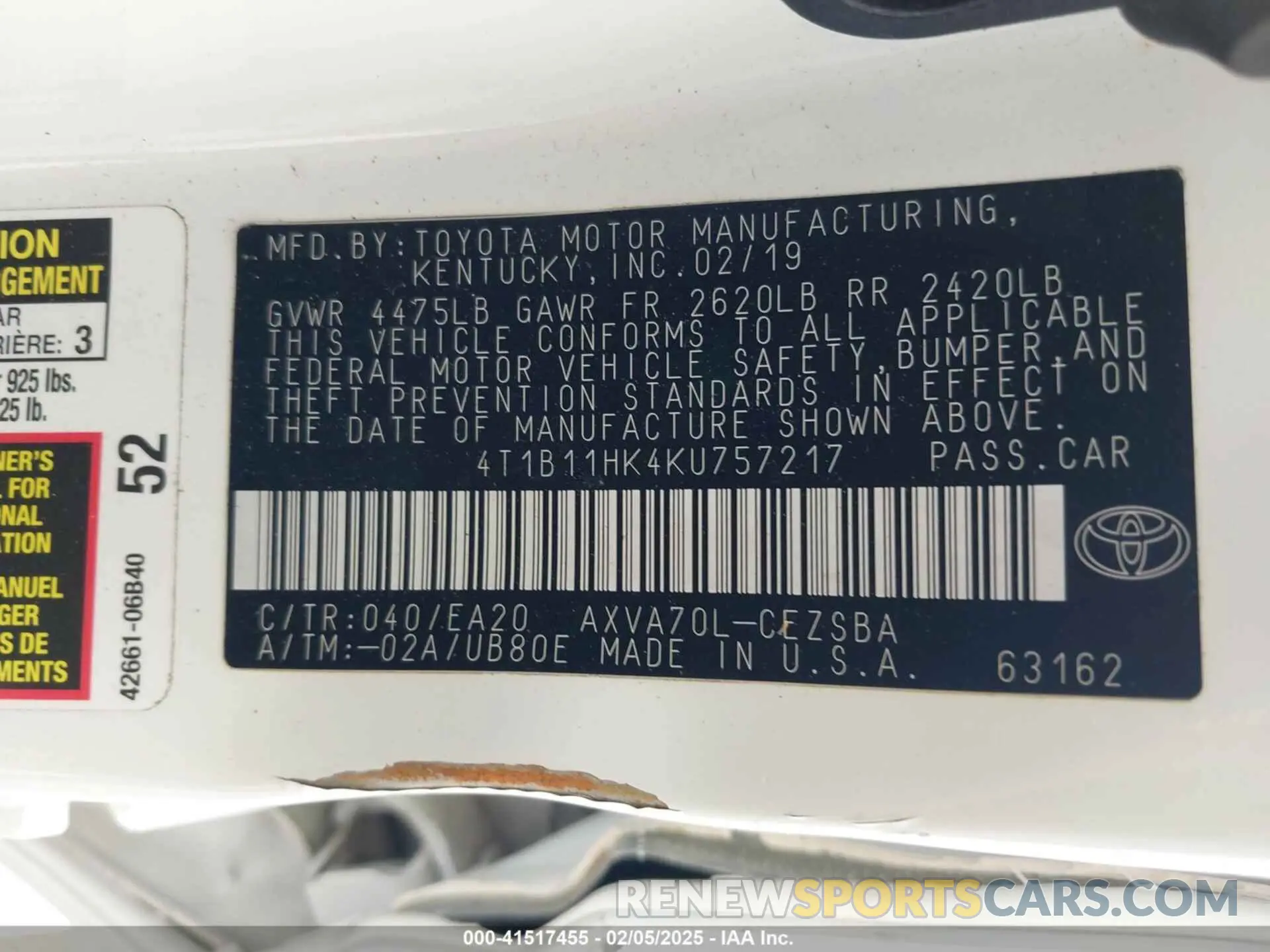 9 Photograph of a damaged car 4T1B11HK4KU757217 TOYOTA CAMRY 2019