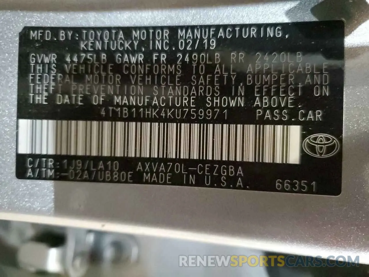13 Photograph of a damaged car 4T1B11HK4KU759971 TOYOTA CAMRY 2019