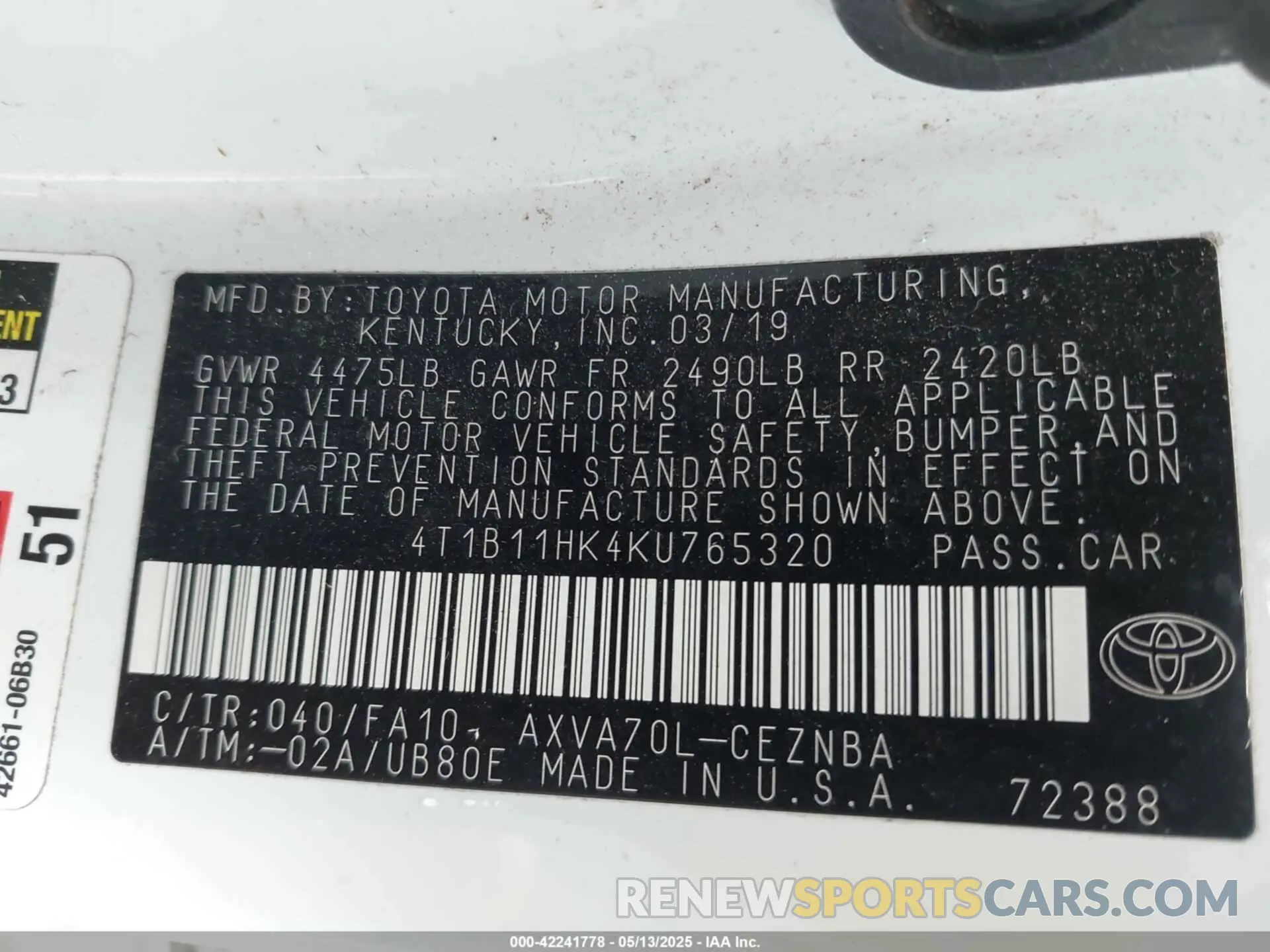 9 Photograph of a damaged car 4T1B11HK4KU765320 TOYOTA CAMRY 2019