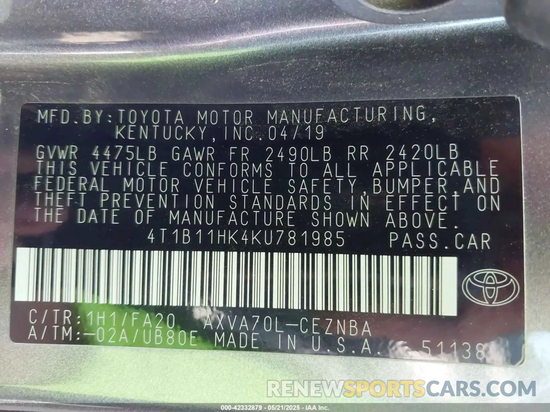 9 Photograph of a damaged car 4T1B11HK4KU781985 TOYOTA CAMRY 2019