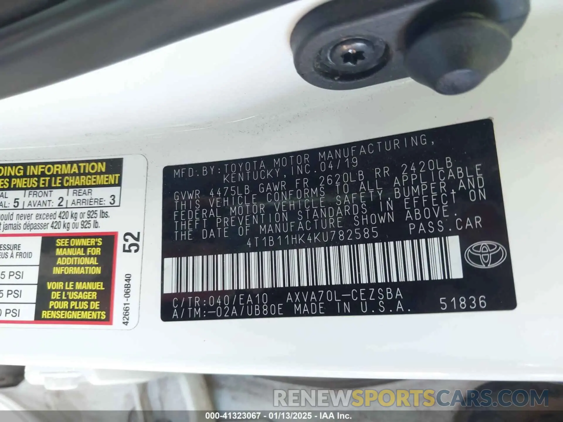 9 Photograph of a damaged car 4T1B11HK4KU782585 TOYOTA CAMRY 2019