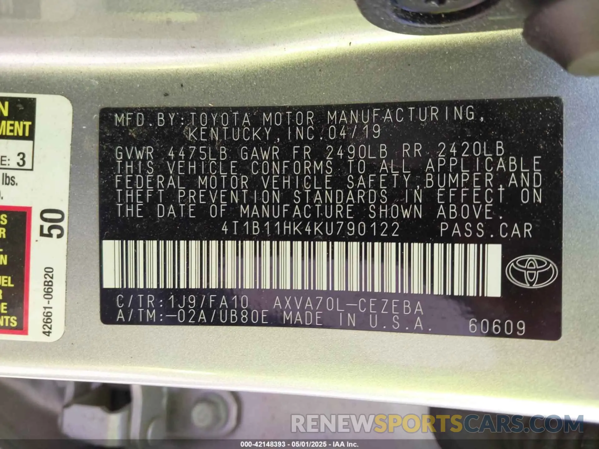 9 Photograph of a damaged car 4T1B11HK4KU790122 TOYOTA CAMRY 2019