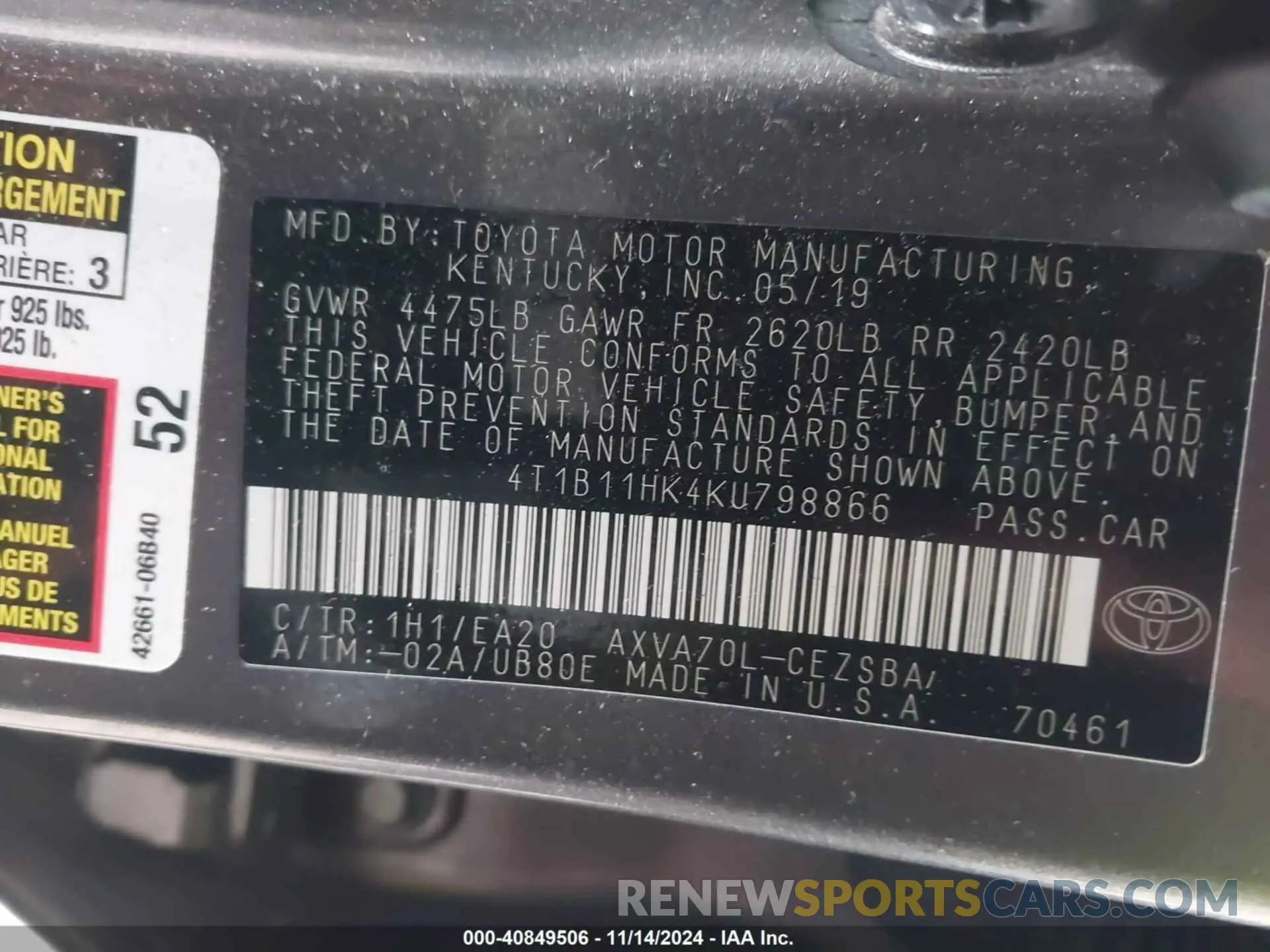 9 Photograph of a damaged car 4T1B11HK4KU798866 TOYOTA CAMRY 2019