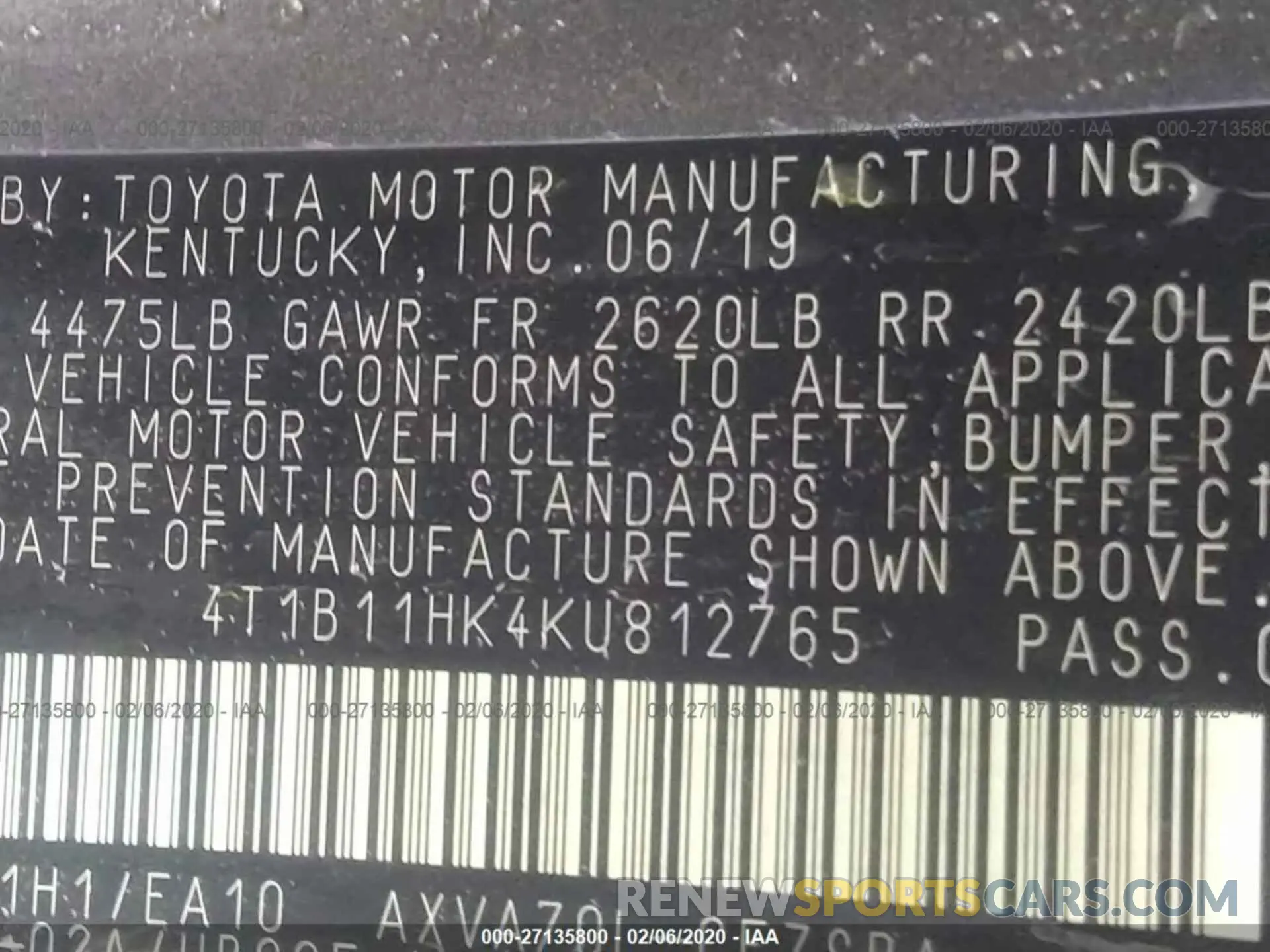 9 Photograph of a damaged car 4T1B11HK4KU812765 TOYOTA CAMRY 2019