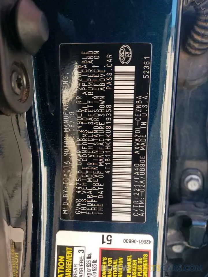 13 Photograph of a damaged car 4T1B11HK4KU819358 TOYOTA CAMRY 2019