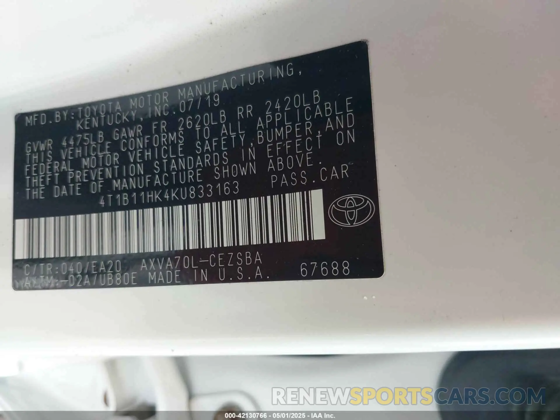 9 Photograph of a damaged car 4T1B11HK4KU833163 TOYOTA CAMRY 2019
