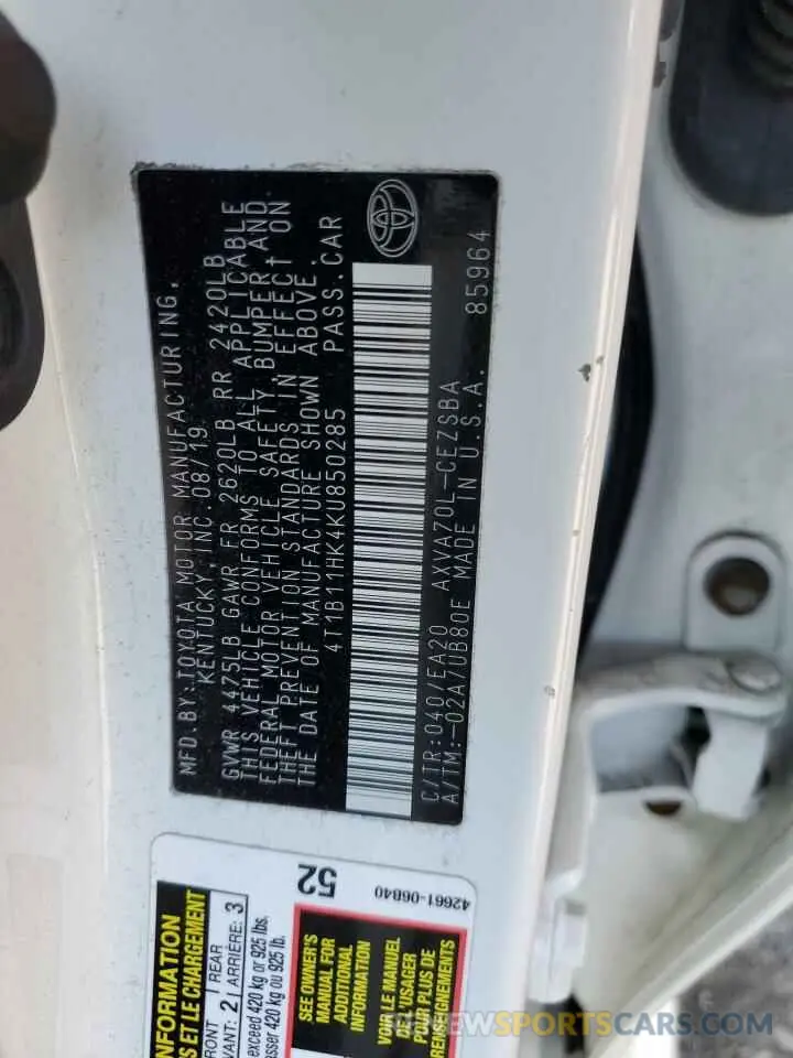 12 Photograph of a damaged car 4T1B11HK4KU850285 TOYOTA CAMRY 2019
