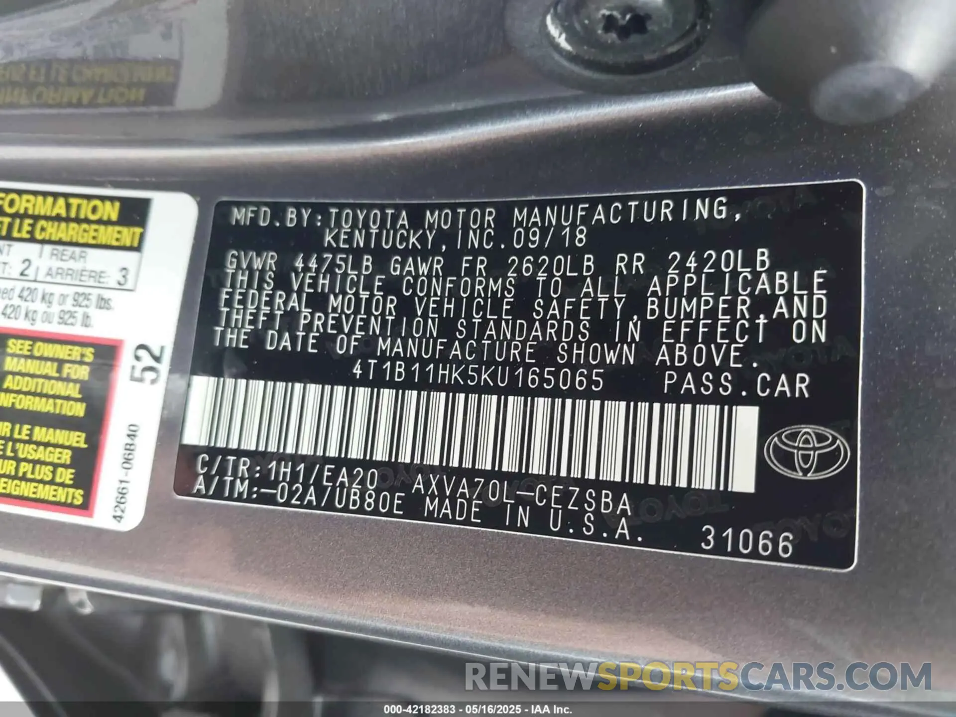 9 Photograph of a damaged car 4T1B11HK5KU165065 TOYOTA CAMRY 2019