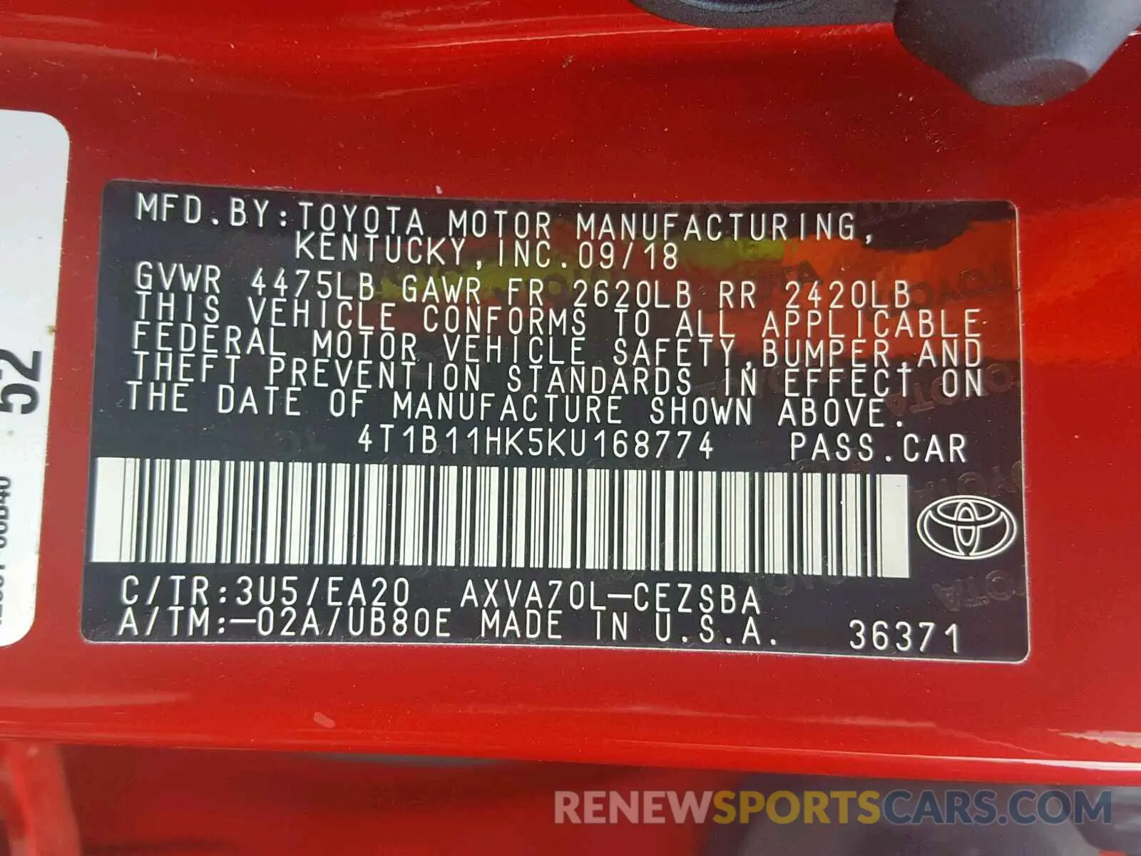 10 Photograph of a damaged car 4T1B11HK5KU168774 TOYOTA CAMRY 2019