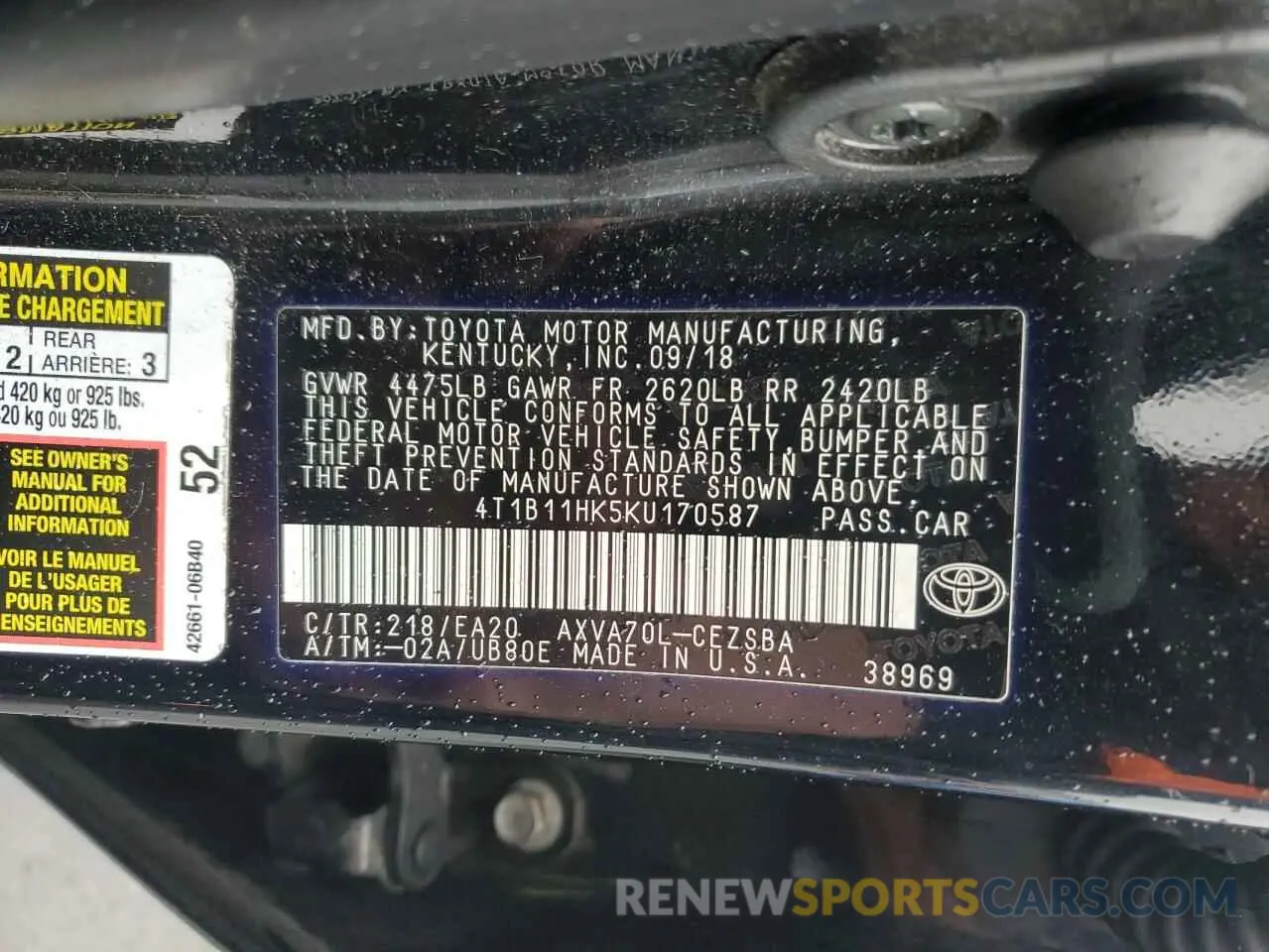 12 Photograph of a damaged car 4T1B11HK5KU170587 TOYOTA CAMRY 2019