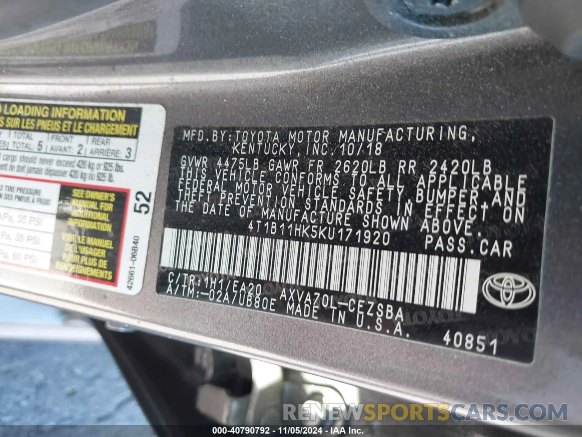 9 Photograph of a damaged car 4T1B11HK5KU171920 TOYOTA CAMRY 2019