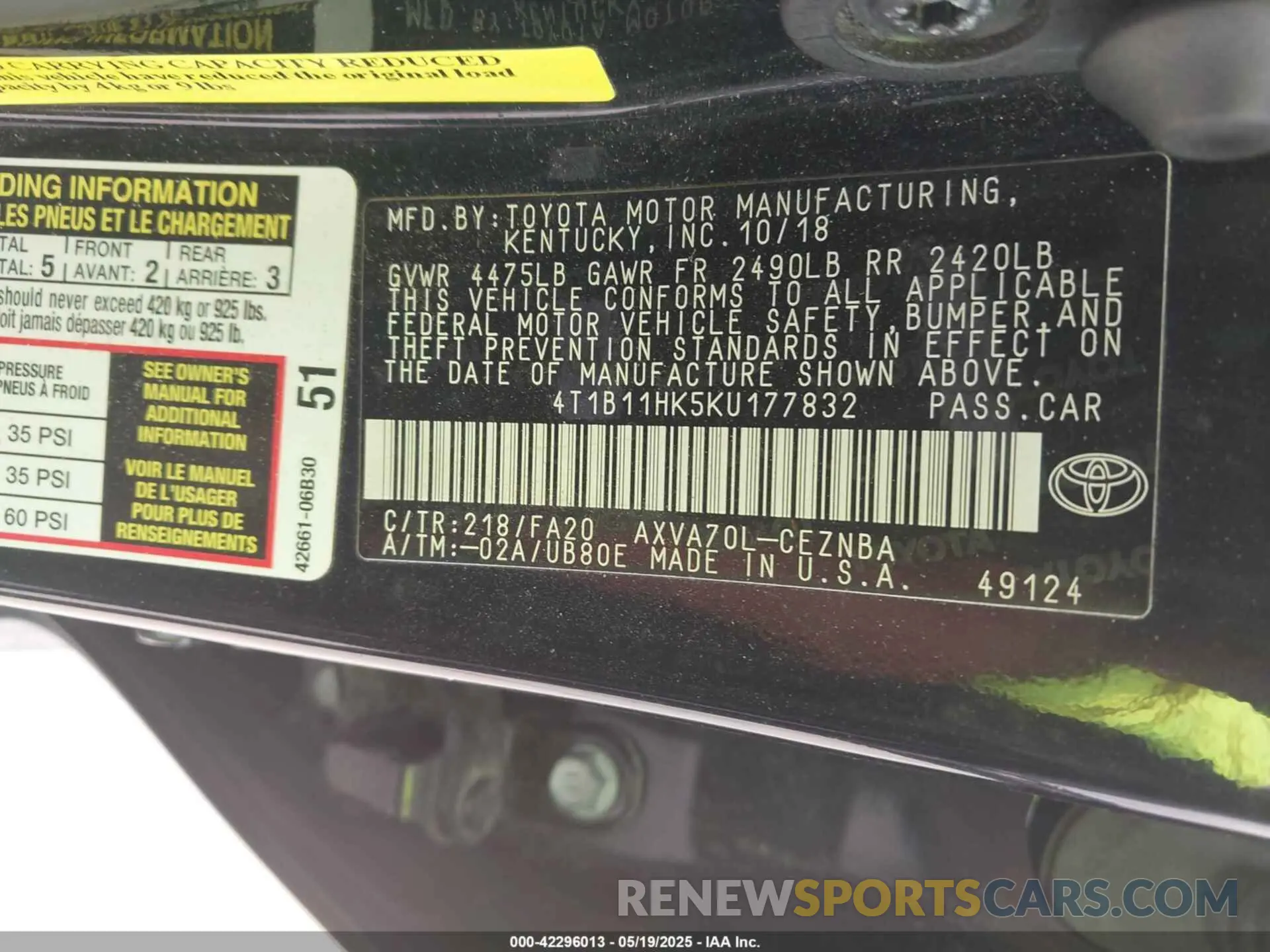 9 Photograph of a damaged car 4T1B11HK5KU177832 TOYOTA CAMRY 2019