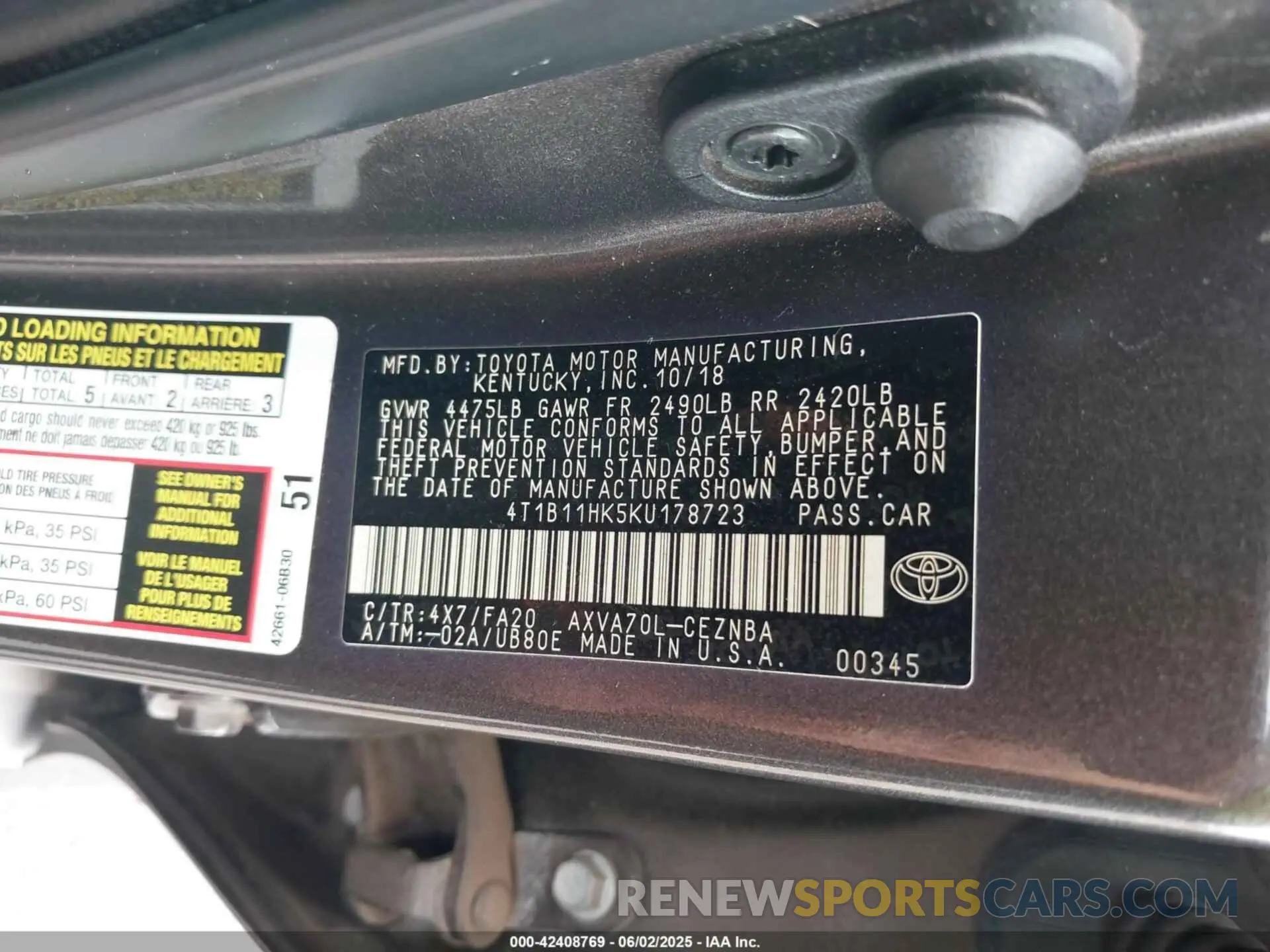 9 Photograph of a damaged car 4T1B11HK5KU178723 TOYOTA CAMRY 2019