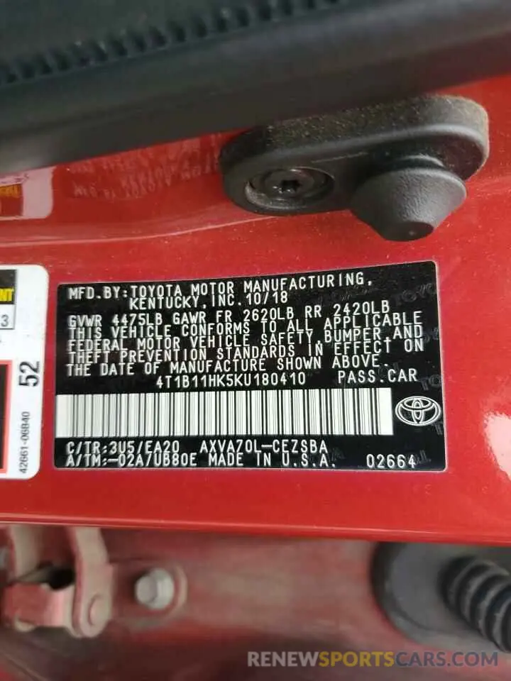 13 Photograph of a damaged car 4T1B11HK5KU180410 TOYOTA CAMRY 2019