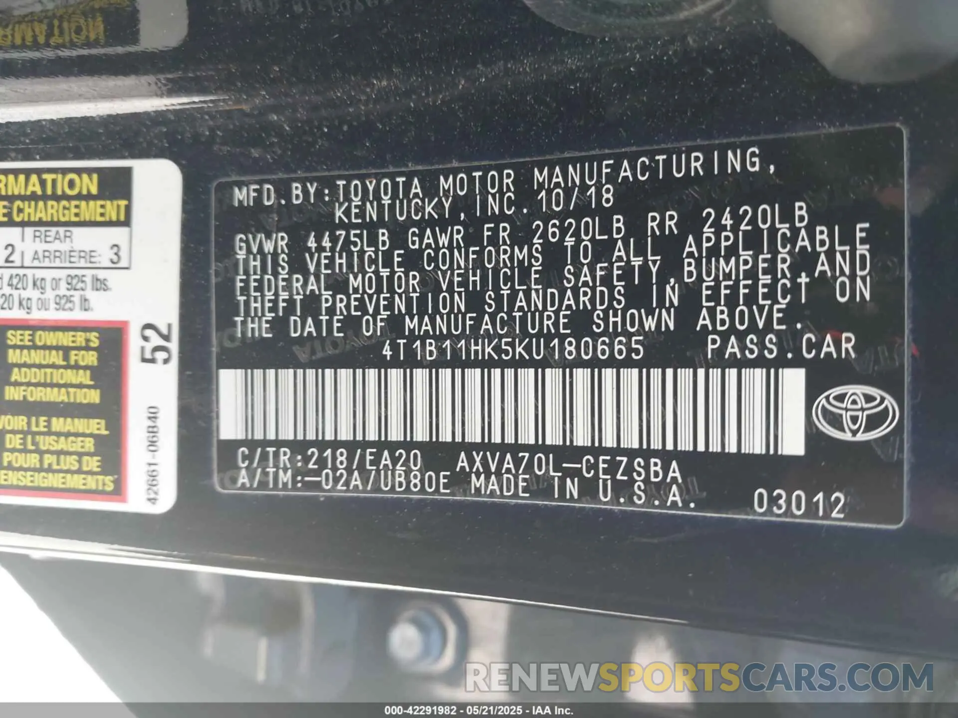 9 Photograph of a damaged car 4T1B11HK5KU180665 TOYOTA CAMRY 2019