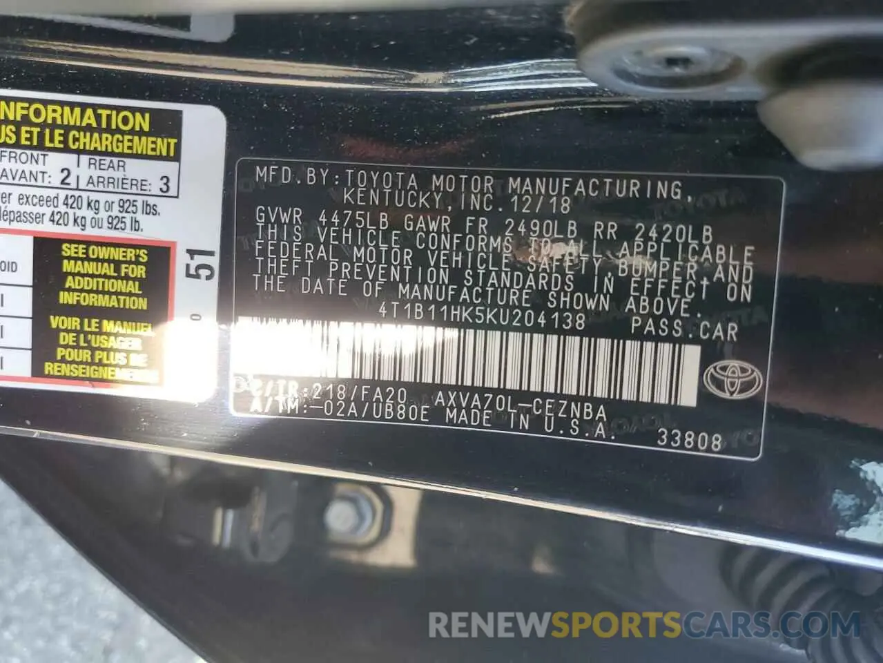 14 Photograph of a damaged car 4T1B11HK5KU204138 TOYOTA CAMRY 2019