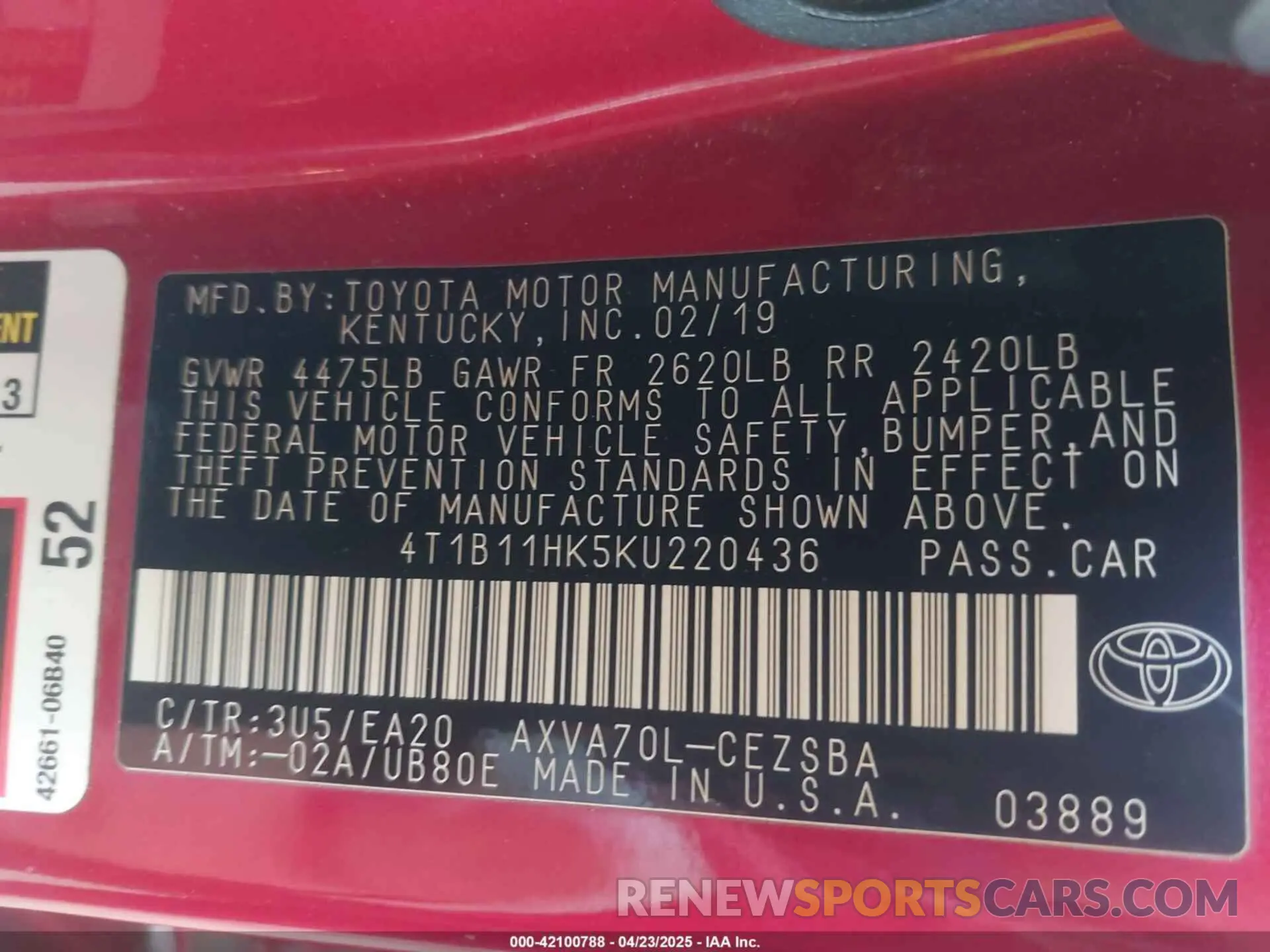 9 Photograph of a damaged car 4T1B11HK5KU220436 TOYOTA CAMRY 2019