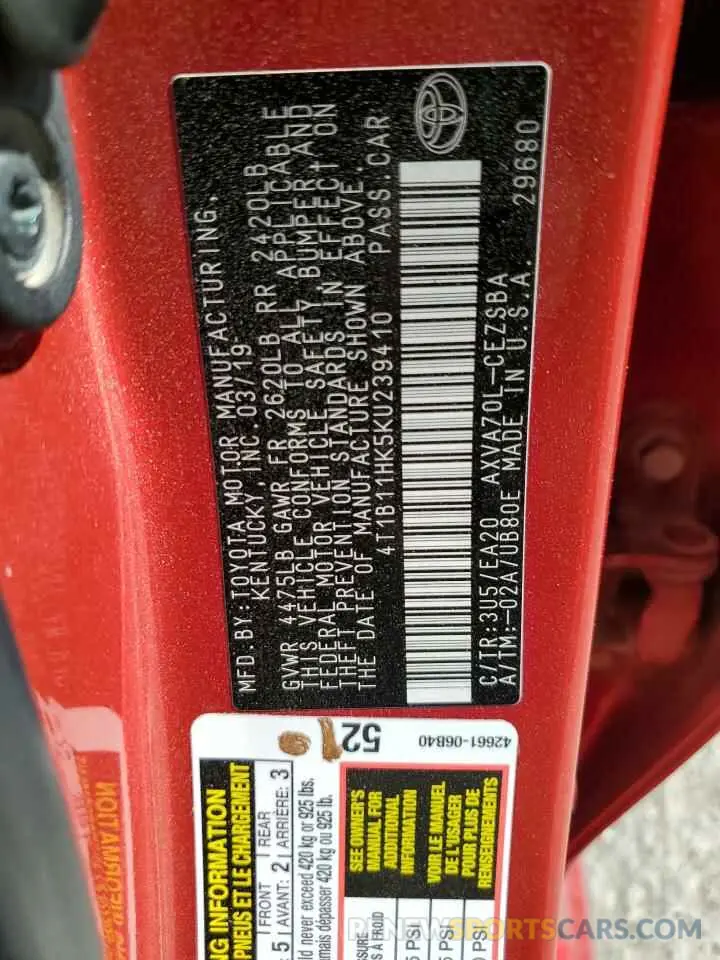 12 Photograph of a damaged car 4T1B11HK5KU239410 TOYOTA CAMRY 2019