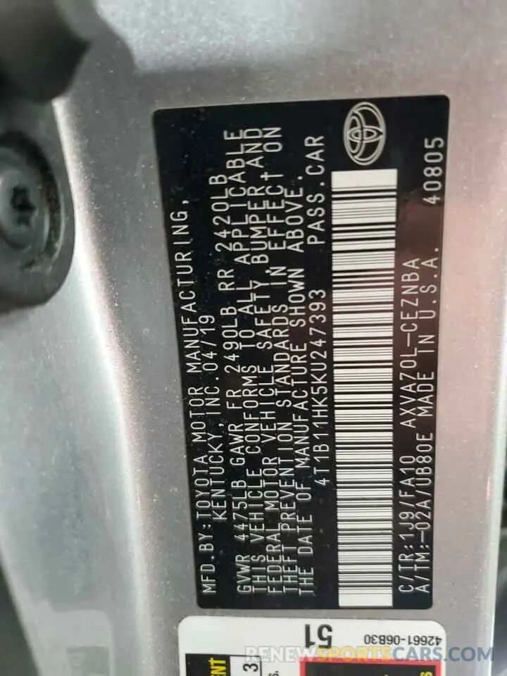 13 Photograph of a damaged car 4T1B11HK5KU247393 TOYOTA CAMRY 2019