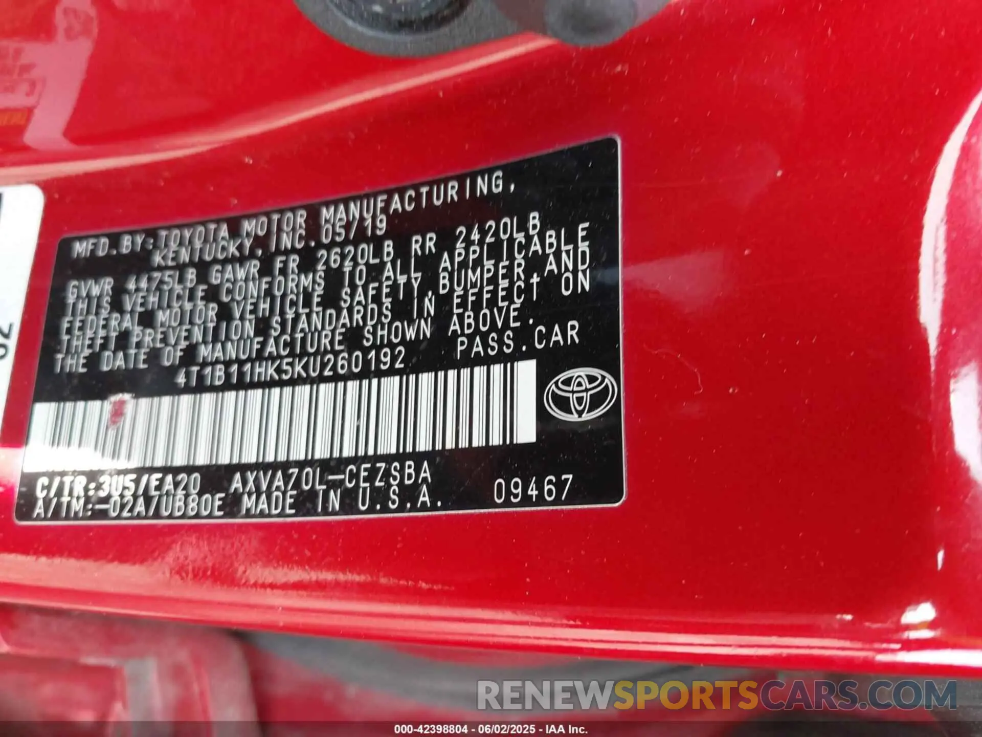 9 Photograph of a damaged car 4T1B11HK5KU260192 TOYOTA CAMRY 2019