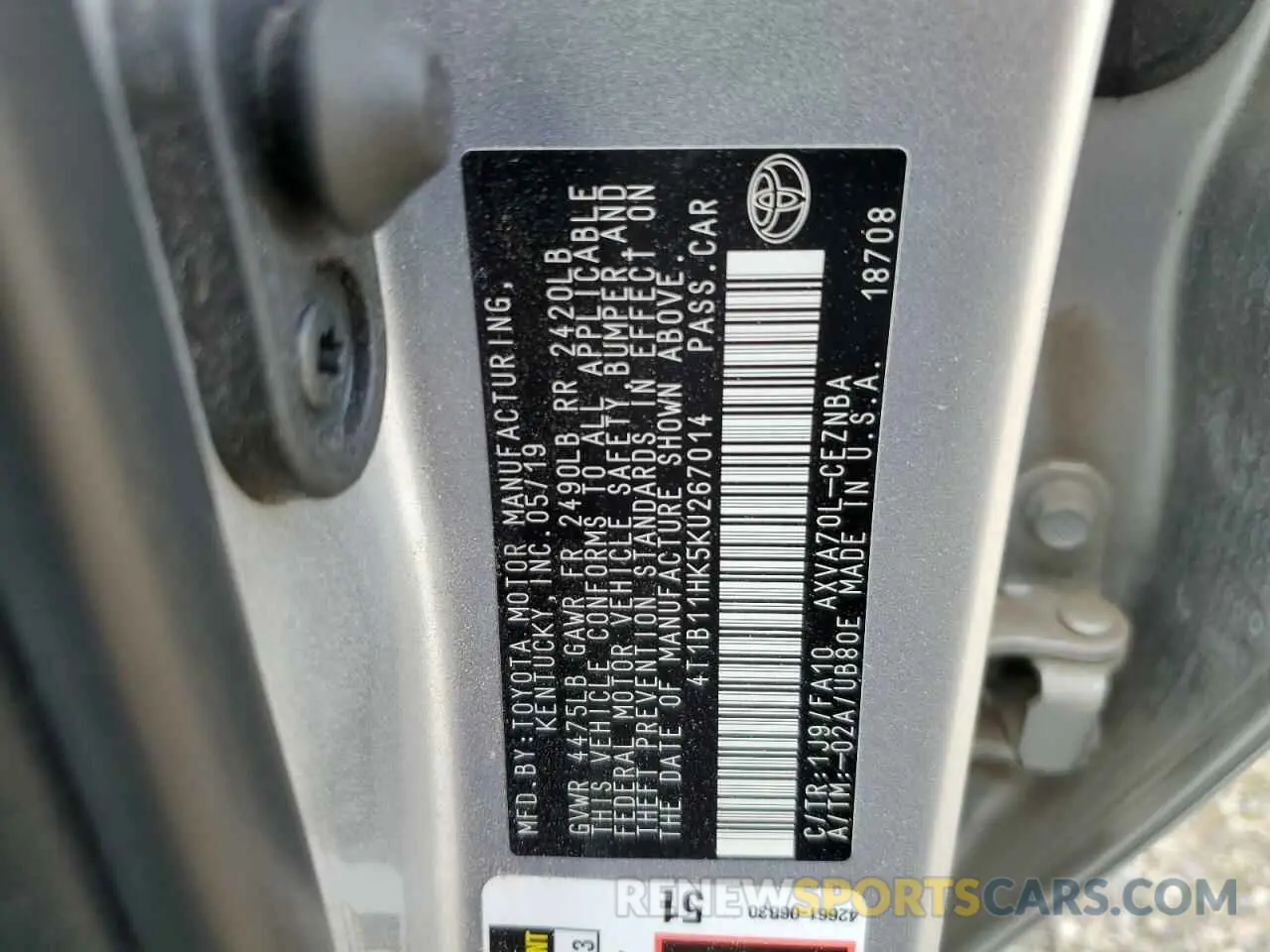 12 Photograph of a damaged car 4T1B11HK5KU267014 TOYOTA CAMRY 2019