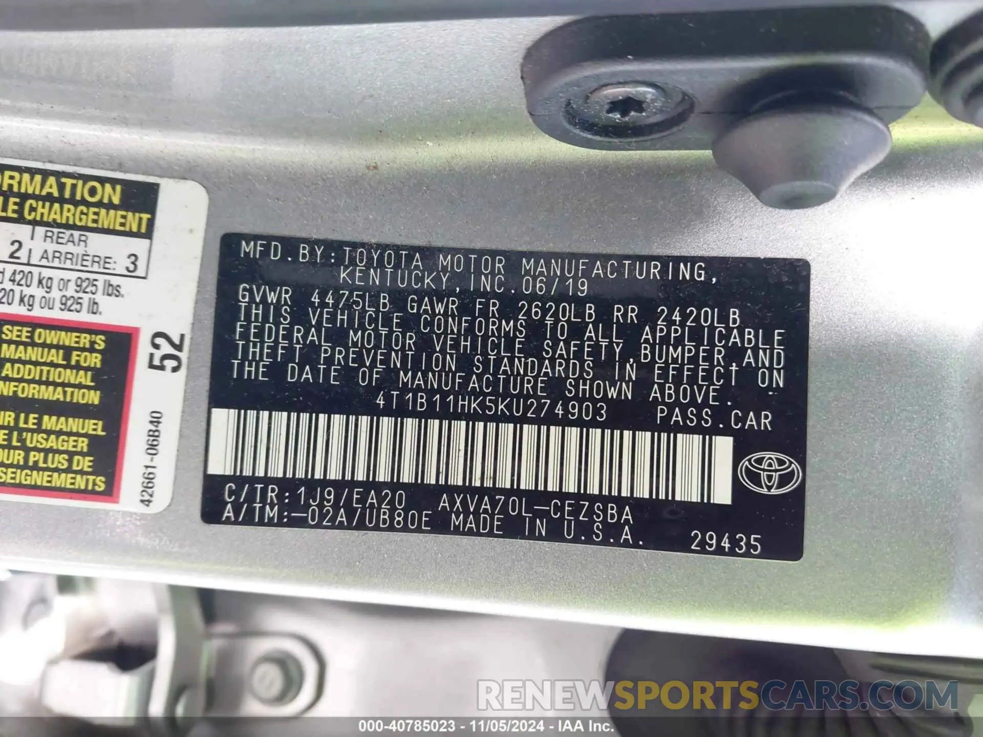 9 Photograph of a damaged car 4T1B11HK5KU274903 TOYOTA CAMRY 2019