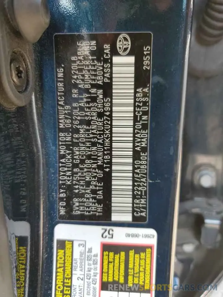 12 Photograph of a damaged car 4T1B11HK5KU274965 TOYOTA CAMRY 2019