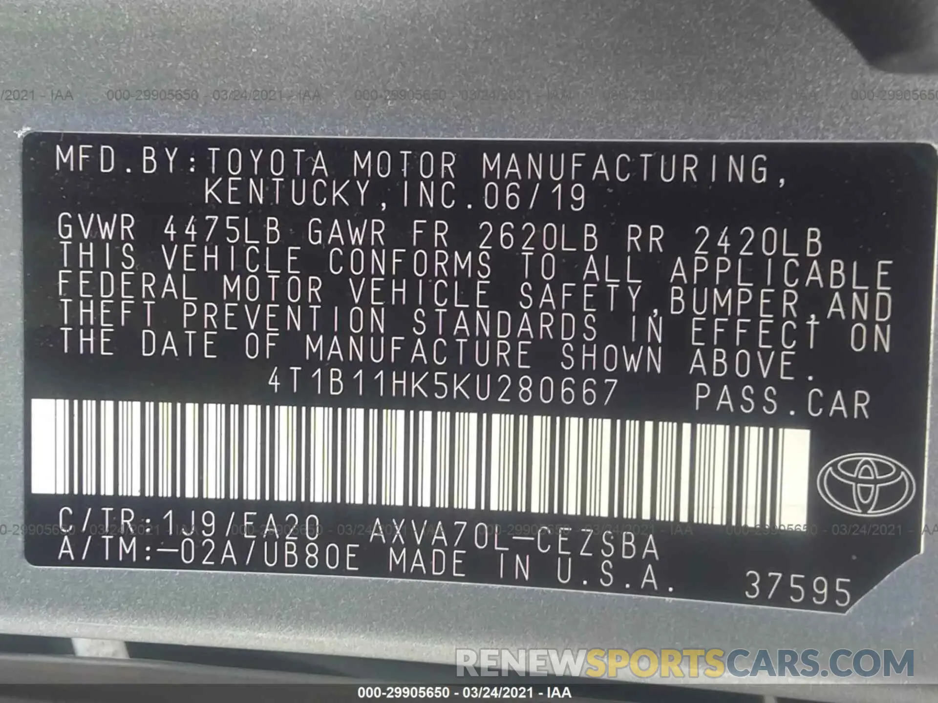 9 Photograph of a damaged car 4T1B11HK5KU280667 TOYOTA CAMRY 2019