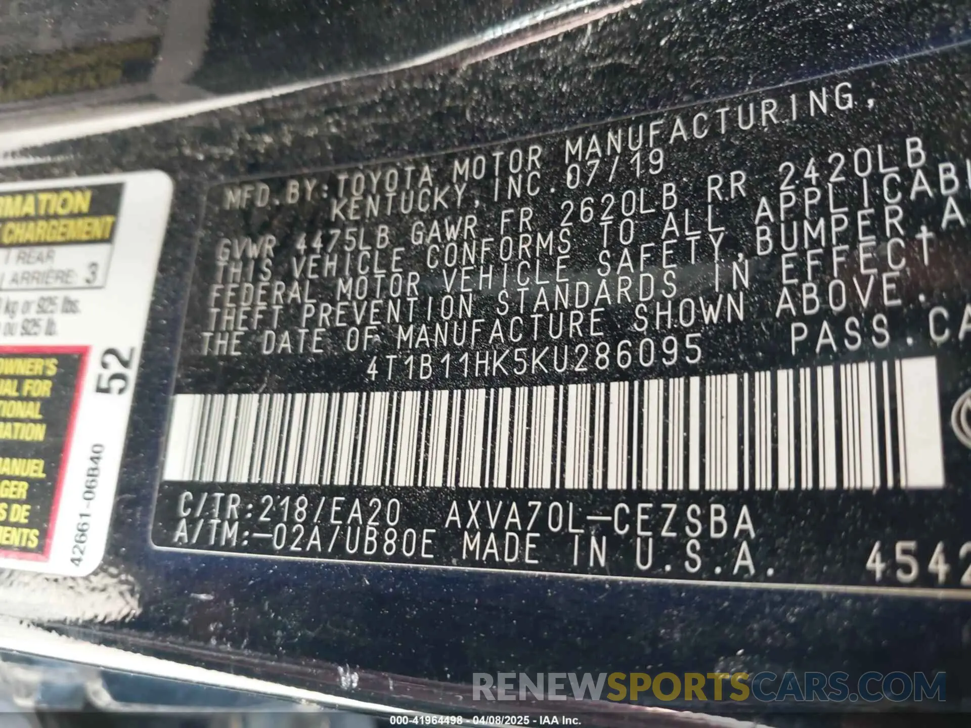 9 Photograph of a damaged car 4T1B11HK5KU286095 TOYOTA CAMRY 2019