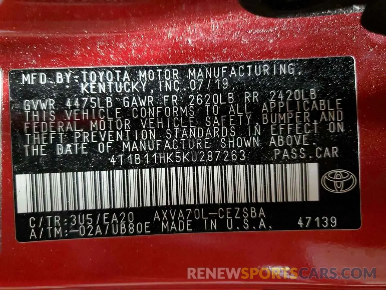 12 Photograph of a damaged car 4T1B11HK5KU287263 TOYOTA CAMRY 2019