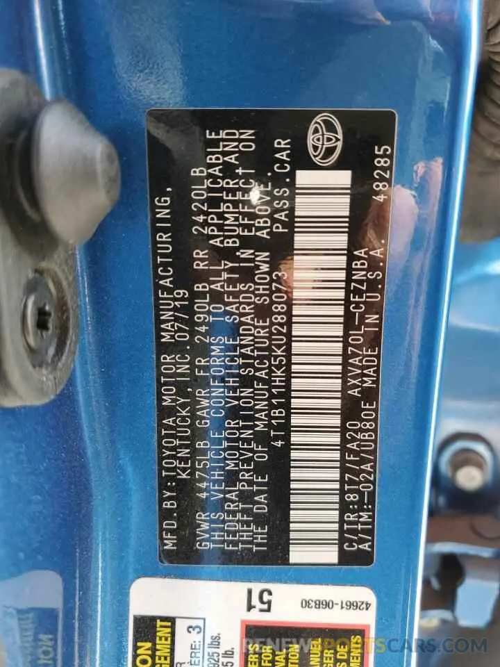 13 Photograph of a damaged car 4T1B11HK5KU288073 TOYOTA CAMRY 2019