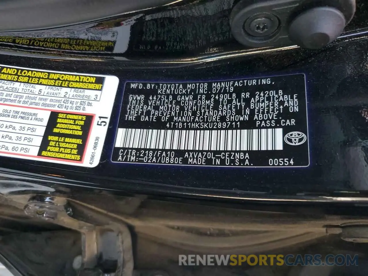 12 Photograph of a damaged car 4T1B11HK5KU289711 TOYOTA CAMRY 2019